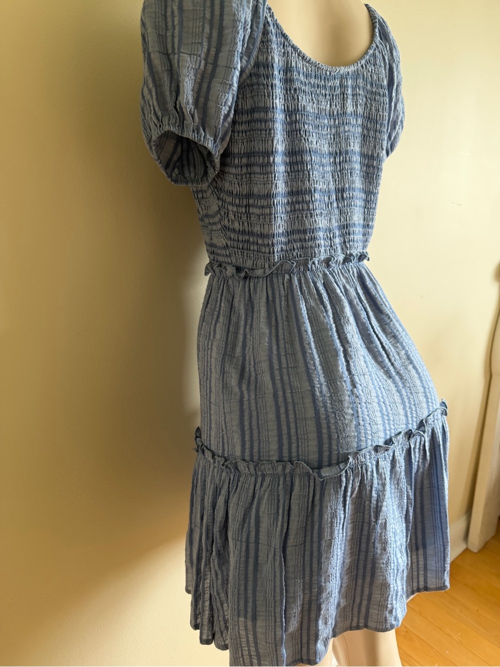 Smocked Puff Sleeve Blue Midi Dress